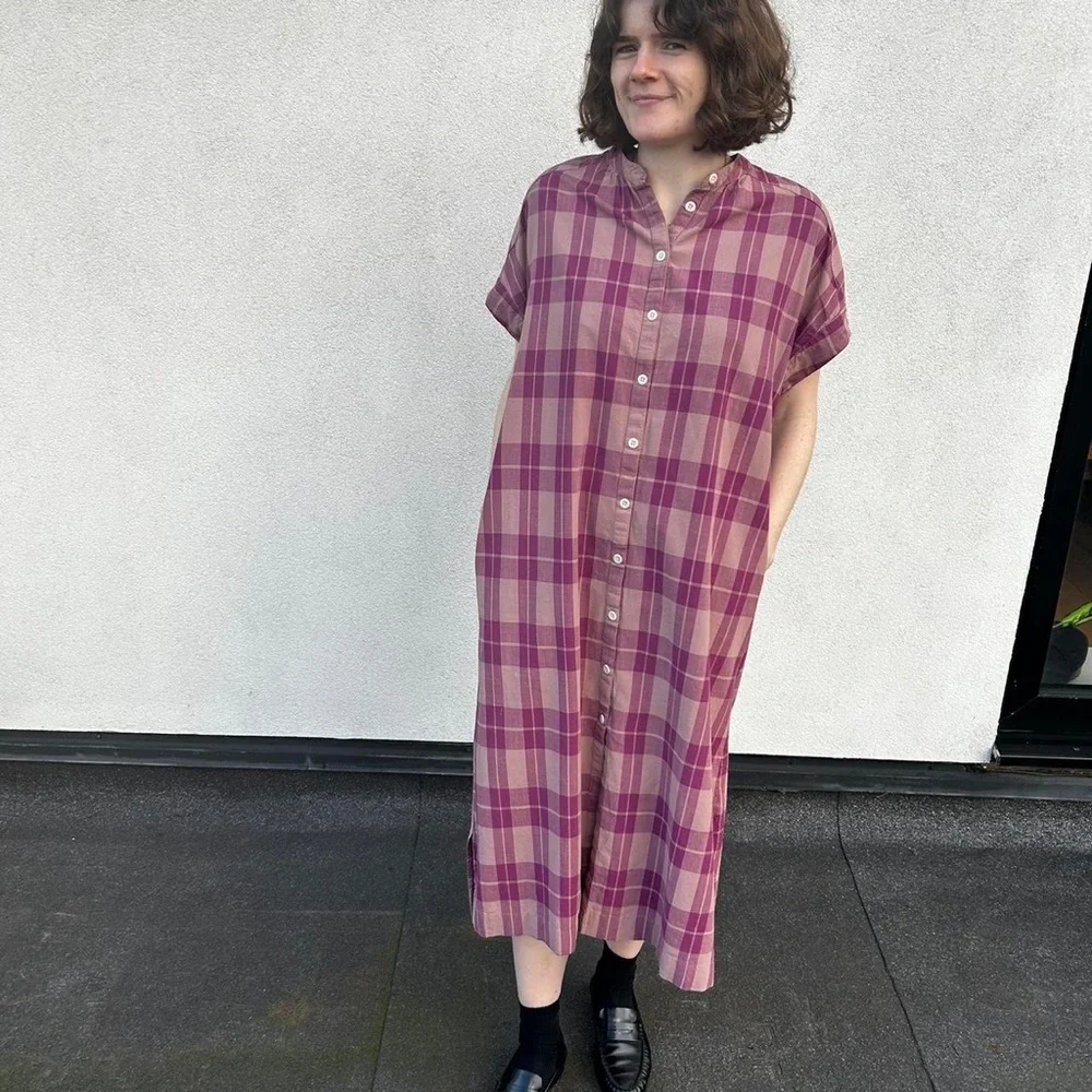 Button-Front Midi Dress in Pink Plaid - Picture 1 of 7